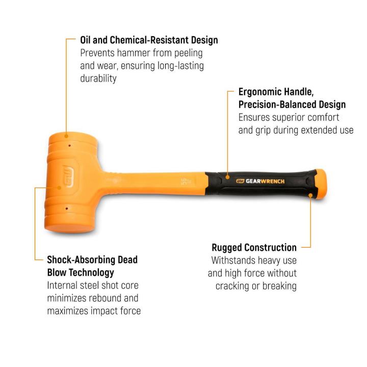 Text on image of the GEARWRENCH Dead Blow Hammers explaining the features and benefits