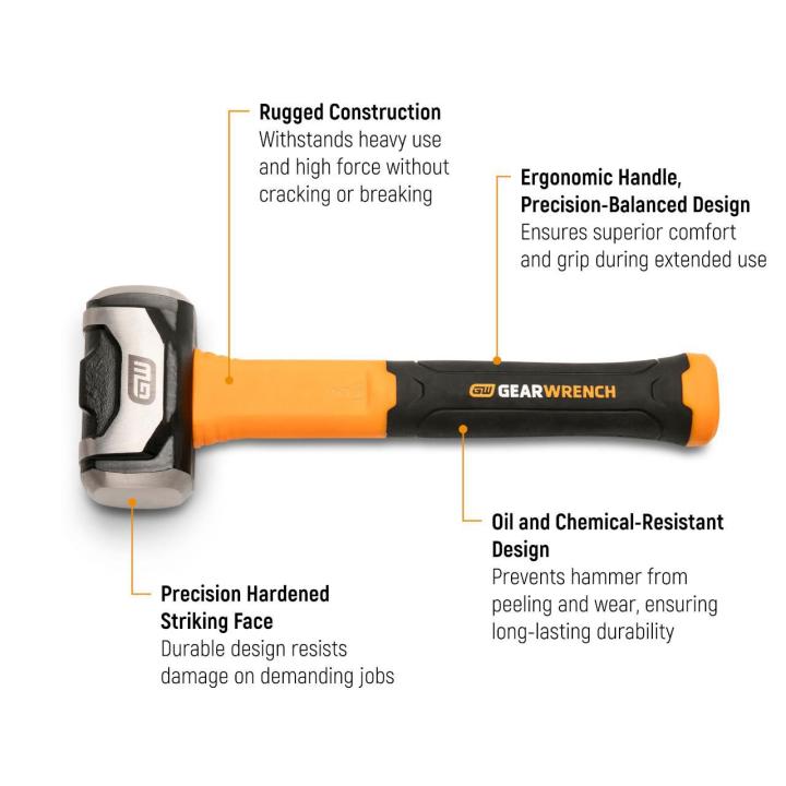 Text on image of the 48 oz. Drilling Hammer with Fiberglass Handle explaining it features and benefits