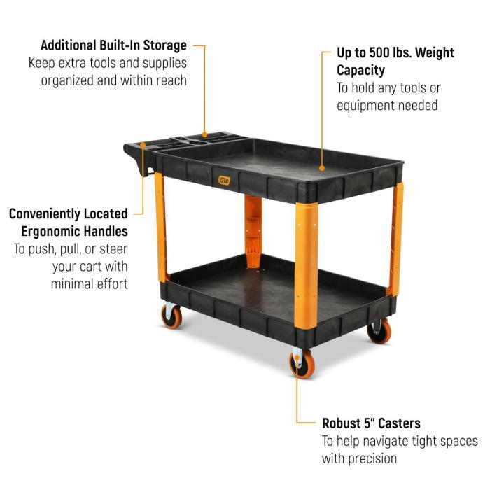 Image of the 46" 2-Shelf Heavy Duty Utility Cart detailing its features and benefits