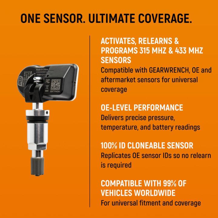 Text on image explaining the features and benefits for the Universal Programmable Metal TPMS Sensor