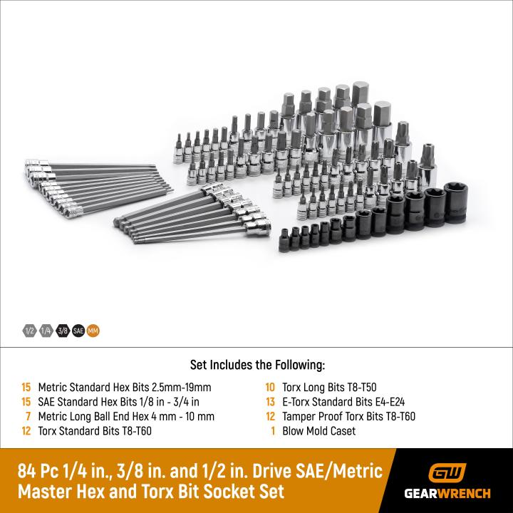 84 Pc. 1/4”, 3/8” & 1/2” Drive Hex/Ball End Hex/ Tamper Proof Torx