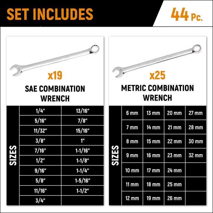44 Pc. 12 Point Long Pattern Combination Metric SAE Wrench Set Gearwrench