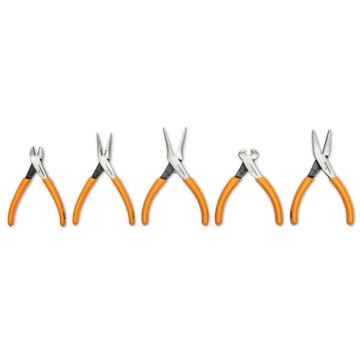 GEARWRENCH 89730 5 piece set of Precision Mini Pliers, each featuring molten orange handles and polished steel jaws, neatly arranged in a row on a white background including diagonal cutting, long nose, needle nose, end-cutting and flat nose pliers