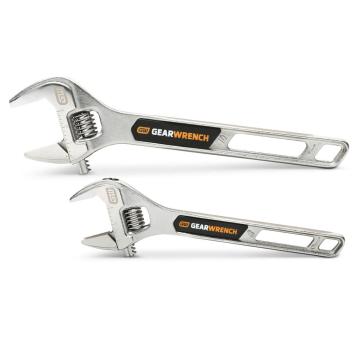Image of the 2 Piece 8" & 10" Chrome Adjustable Wrench on its side with the jaws towards the left side and the handle towards the right side on a white background