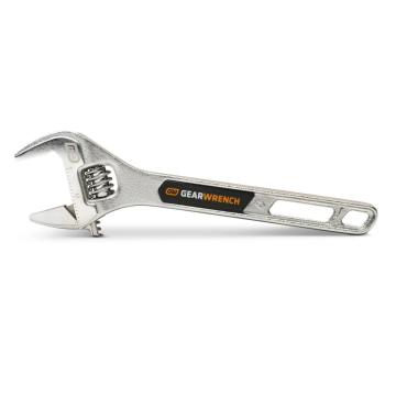 Image of the 6" Chrome Adjustable Wrench on its side with the jaws towards the left side and the handle towards the right side on a white background