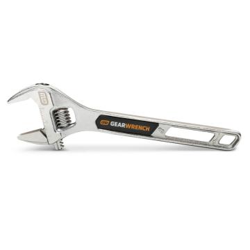 Image of the 8" Chrome Adjustable Wrench on its side with the jaws towards the left side and the handle towards the right side on a white background