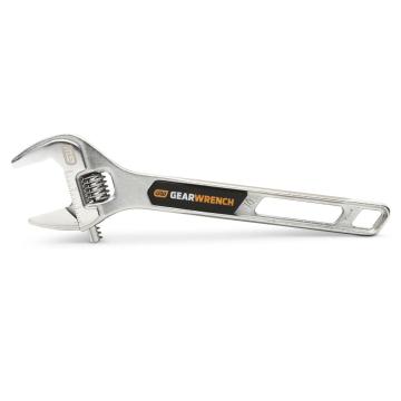 Image of the 10" Chrome Adjustable Wrench on its side with the jaws towards the left side and the handle towards the right side on a white background