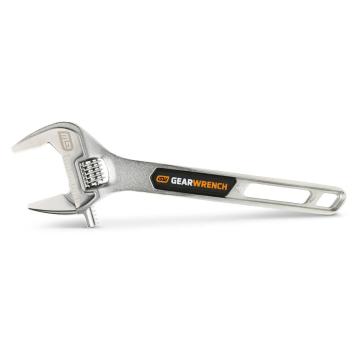 Image of the 12" Chrome Adjustable Wrench on its side with the jaws towards the left side and the handle towards the right side on a white background