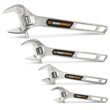 Image of the 4 Piece 6", 8", 10", 12" Chrome Adjustable Wrench on their sides with the jaws towards the left side and the handles towards the right side on a white background